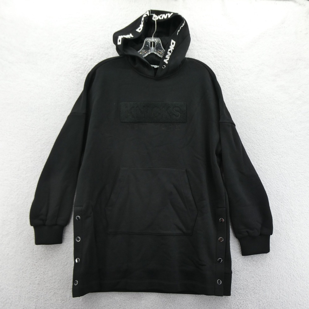 DKNY Hoodie Women Small New York Knicks Black Snap Side Longline Fleece Pullover
